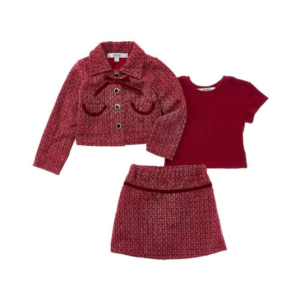 Badgley Mischka Girls  3Pc Tweed Jacket & Skort Set, Red